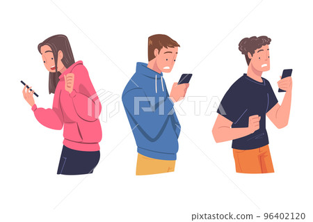 Man and Woman Character with Smartphone Reading Shock Content or News Vector Set 96402120