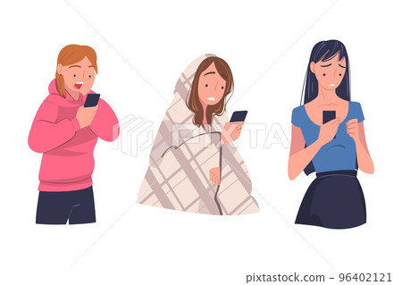 Woman Character with Smartphone Reading Shock Content or News Vector Set 96402121