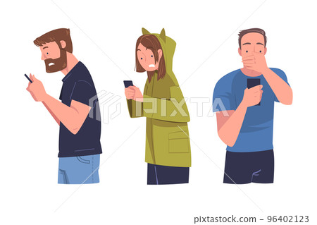 Man and Woman Character with Smartphone Reading Shock Content or News Vector Set Man and Woman Character with Smartphone Reading Shock Content or News Vector Set 96402123