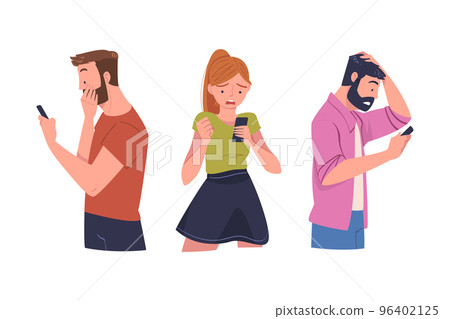 Man and Woman Character with Smartphone Reading Shock Content or News Vector Set Man and Woman Character with Smartphone Reading Shock Content or News Vector Set 96402125