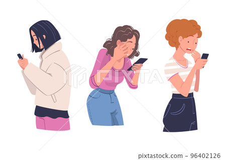 Woman Character with Smartphone Reading Shock Content or News Vector Set 96402126