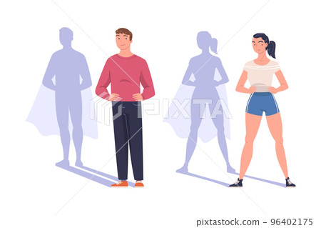 Shadow of Man and Woman Superhero Character Standing and Smiling Vector Set 96402175