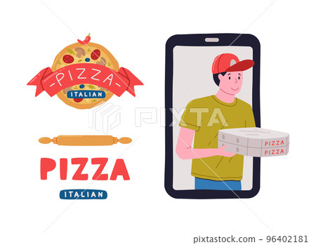 Pizza Delivery Service Man in Red Cap Holding Cardboard Box Peeped Out from Smartphone and Restaurant Label Vector Set Pizza Delivery Service Man in Red Cap Holding Cardboard Box Peeped Out from Smartphone and Restaurant Label Vector Set 96402181