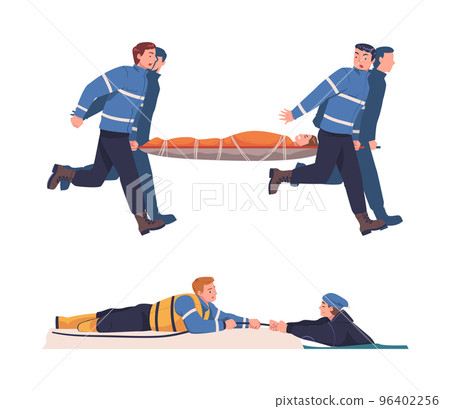 Rescue and Life Saving Emergency Operation with Man Carrying Victim on Stretcher and Pulling from Water Vector Set Rescue and Life Saving Emergency Operation with Man Carrying Victim on Stretcher and Pulling from Water Vector Set 96402256