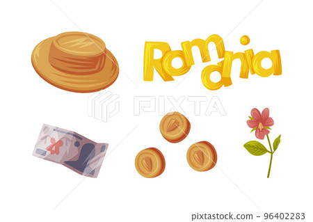 Romania Traditional Symbol with Straw Hat, National Currency and Camellia Flower Vector Set 96402283