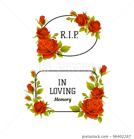Funeral Red Rose Frame with Quote and Inscription Vector Set 96402287