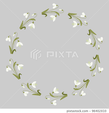 card Round frame with white snowdrop flowers with leaves. Vector illustration. Spring card, decoration, napkin for design, postcards, decor and decoration, print 96402810