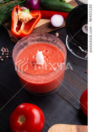 cooking classic spanish raw eating cold soup Gazpacho.  food recipe. healthy concept. 96403180