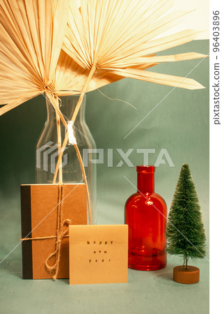 Stylish vintage New Year 2023 vertical green background. Christmas home decor. 96403896