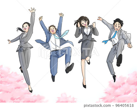 櫻花背景下西裝跳躍的男女插畫 96405618