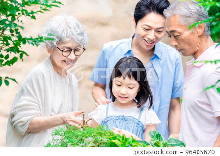 Senior couple and grandchildren gardening 96405670