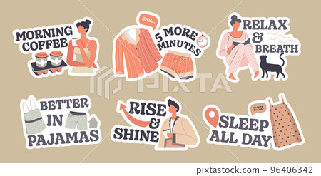 Sticker design set with comfortable morning concept Sticker design set with comfortable morning concept 96406342