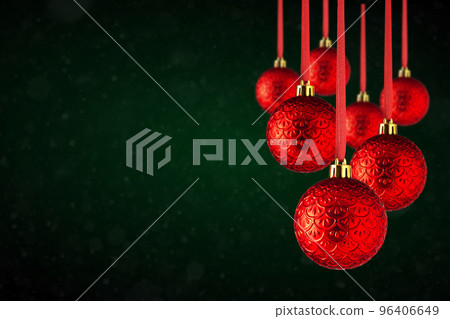 Christmas tree ornaments hanging. Balls made of glass or plastic hanging over abstract background Christmas tree ornaments hanging. Balls made of glass or plastic hanging over abstract background 96406649