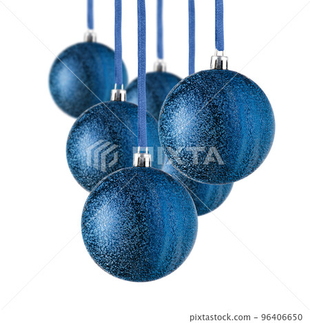 Set of blue Christmas ornaments hanging over white background. Christmas tree decorations isolated on white Set of blue Christmas ornaments hanging over white background. Christmas tree decorations isolated on white 96406650