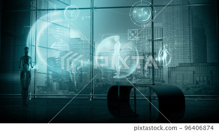 An android examines the data on the structure of the DNA, 3D render. 96406874