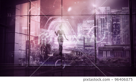 A robot floating in the air is working with data, 3D render. 96406875