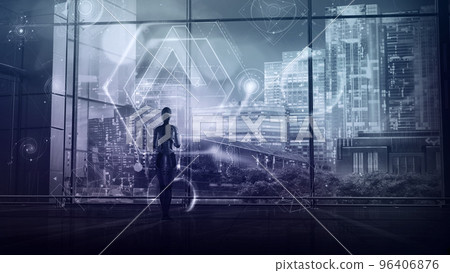 The robot works with the data hologram, 3D render. 96406876