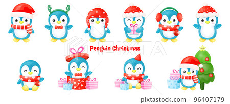 Penguin christmas Watercolor Clipart, merry christmas 96407179