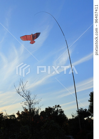 Bird chasing kite hawk and blue sky Satoyama anti-beast agricultural equipment 以猛禽為模型的風箏附在桿尖上 96407411
