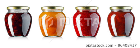 collection of jam in glass jars with metallic lids isolated on white 96408417