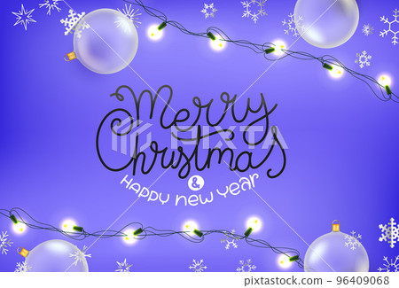 Winter holidays greeting card with lettering inscription, baubles, garland and snowflakes. 3d vector flat lay illustration Winter holidays greeting card with lettering inscription, baubles, garland and snowflakes. 3d vector flat lay illustration 96409068