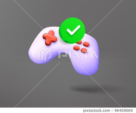 Gamepad with green checkmark. 3d vector icon Gamepad with green checkmark. 3d vector icon 96409069