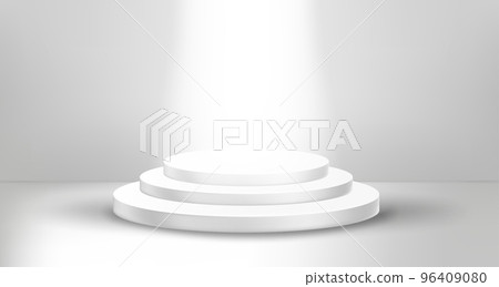 White empty stage with round showcase and bright projector. 3d vector illustration White empty stage with round showcase and bright projector. 3d vector illustration 96409080