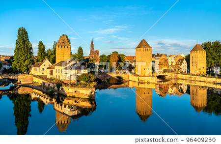 Picturesque panoramic view of Strasbourg overlooking Ponts Couverts with four towers in the historic Petite France district 96409230