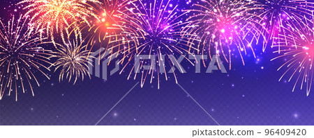 Realistic festive fireworks with transparency effect. Colorful explosion with bright sparks. Christmas or New Year greeting card design element. Diwali festival of lights. Vector illustration Realistic festive fireworks with transparency effect. Colorful explosion with bright sparks. Christmas or New Year greeting card design element. Diwali festival of lights. Vector illustration 96409420