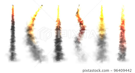 Realistic black smoke with fire, space rocket launch trails. Fire burst, explosion. Missile or bullet trail. Jet aircraft tracks. Smoke clouds, fog. Steam flow. Vector illustration 96409442