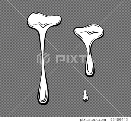 Dripping liquid outline on a transparent background. Contoured black and white illustration of a flowing viscous liquid. Wax, honey, slime. Vector.  96409443