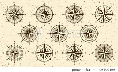 Vintage marine wind rose, nautical chart. Monochrome navigational compass with cardinal directions of North, East, South, West. Geographical position, cartography and navigation. Vector illustration. Vintage marine wind rose, nautical chart. Monochrome navigational compass with cardinal directions of North, East, South, West. Geographical position, cartography and navigation. Vector illustration. 96409466