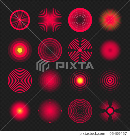 Pain localization marks. Painful area, aching spot. Red circles, targets. Headache, bruised body part marker. Back, neck, muscle pain symbol. Healthcare ad, medical information. Vector illustration. 96409467