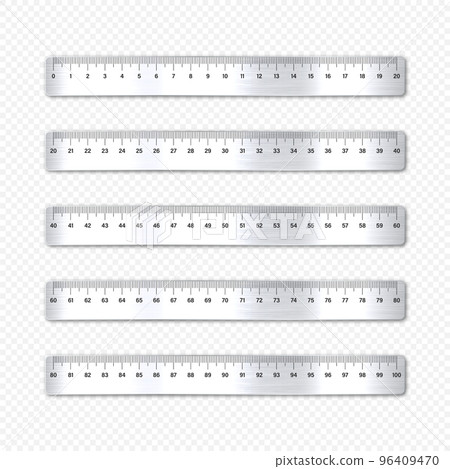 Realistic various brushed metal rulers with measurement scale and divisions, measure marks. School ruler, centimeter scale for length measuring. Office supplies. Vector illustration 96409470