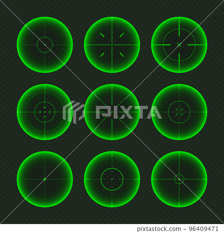 Various weapon night sights, sniper rifle optical scopes. Hunting gun viewfinder with crosshair. Aim, shooting mark symbol. Military target sign, silhouette. Game UI element. Vector illustration Various weapon night sights, sniper rifle optical scopes. Hunting gun viewfinder with crosshair. Aim, shooting mark symbol. Military target sign, silhouette. Game UI element. Vector illustration 96409471