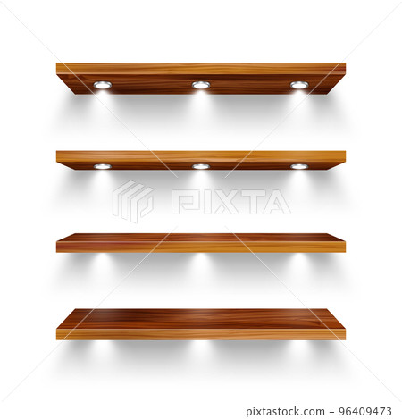 Realistic wooden store shelves with lighting, spotlights. Empty product shelf, grocery wall rack. Mall and supermarket furniture, bookshelf. Modern interior design element. Vector illustration 96409473