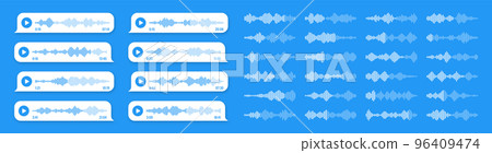 Voice, audio message, blue speech bubble. SMS text frame. Social media chat or messaging app conversation. Voice assistant, recorder. Sound wave pattern. Vector illustration Voice, audio message, blue speech bubble. SMS text frame. Social media chat or messaging app conversation. Voice assistant, recorder. Sound wave pattern. Vector illustration 96409474