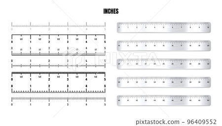 Realistic metal rulers with black inch scale for measuring length or height. Various measurement scales with divisions. Ruler, tape measure marks, size indicators. Vector illustration 96409552