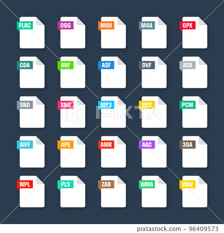 Common system file formats. Document types and extensions. Flat style icons collection. Document pictogram, web design UI element, template. Computer program or application icon. Vector illustration 96409573