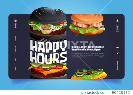 Happy hours cartoon landing page with burgers Happy hours cartoon landing page with burgers 96410183
