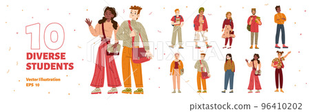 Set of diverse students characters with bags Set of diverse students characters with bags 96410202