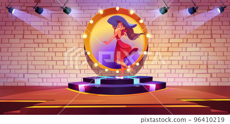 Girl fashion model standing on round podium 96410219