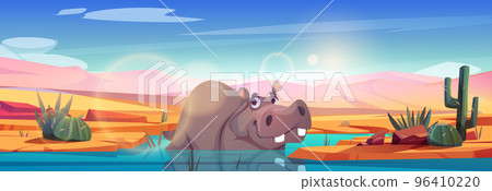 Funny cartoon hippo lying in water, vector 96410220