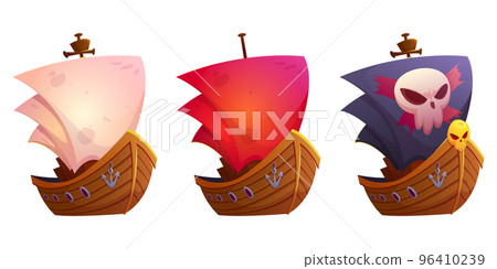 Vector sail boats, white, red, black pirate sails 96410239