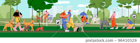 Pet owners walking with dogs in park gathering poo Pet owners walking with dogs in park gathering poo 96410329