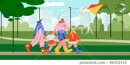 Happy family walk in city park, parents and kids Happy family walk in city park, parents and kids 96410332