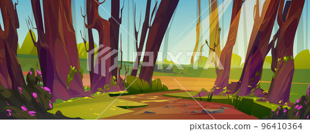 Footpath in sunlit forest cartoon illustration Footpath in sunlit forest cartoon illustration 96410364