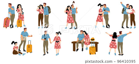 Set of happy couple traveling together Set of happy couple traveling together 96410395