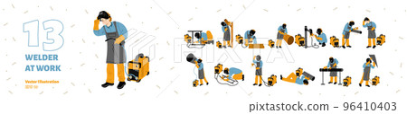 Welder repairs metal pipes with welding machine 96410403