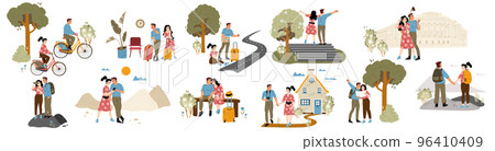 Set couple travel, young tourists visit landmarks Set couple travel, young tourists visit landmarks 96410409